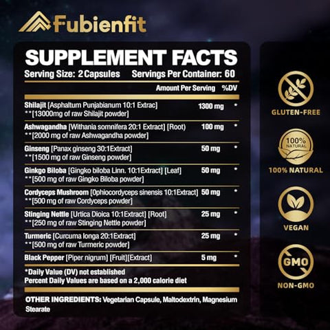 Shilajit Pure Himalayan Organic – 20450MG Cápsulas de Shilajit – Premium para Homens – com Ashwagandha Ginseng e Mais Ácido Fúlvico para Homens/Mulheres – 120 Cápsulas - Regio