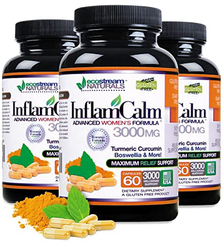 ecostream Naturals - Fórmula 3000 InflamCalm Avançada para Mulheres com Cúrcuma, Curcumina, Enzimas e Boswellia. Vegetariano, Sem Glúten – Embalagem Pode Variar
