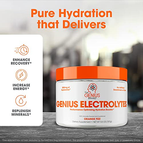 The Genius Brand - Genius Pó para Bebida de Eletrólitos, Sabor Laranja Efervescente, 30 Porções – Impulsionador Natural de Hidratação