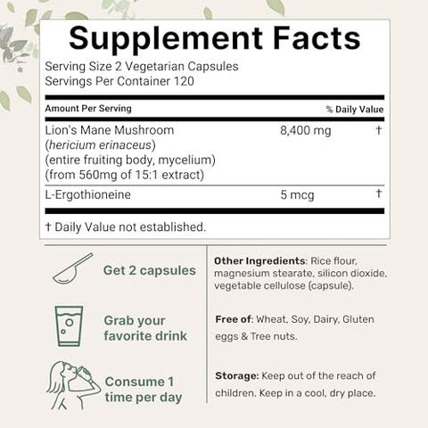 Micro Ingredients - Lions Mane 8,400 mg | 240 Cápsulas Vegetais com L-Ergotioneína | Antioxidantes de Cogumelo Superfood para Envelhecimento Saudável