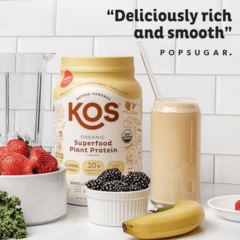 Proteína Vegana em Pó Sem Eritritol, Baunilha Orgânica USDA – Mistura de Proteína de Ervilha, Superfood à Base de Plantas Rico em Vitaminas - KOS