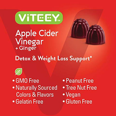 Viteey - Gummies de Vinagre de Maçã 1.000mg com Gengibre – Detox para Emagrecimento e Suporte Imunológico – Vegano, Sem Glúten, Sem Gelatina, Sem GMO – Mastigável