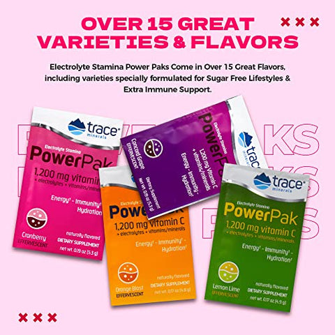 Power Pak Pacotes de Pó Eletrolítico | 1200 mg Vitamina C, Zinco, Magnésio | Reforça a Imunidade, Hidratação e Energia Natural | Cranberry | 30 Pacotes - Trace Minerals