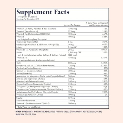 FullWell - Vitaminas Pré-Natais | colina, folato, vitamina D para crescimento fetal, desenvolvimento cerebral | 26 Nutrientes Essenciais | Formuladas por Nutricionistas, Recomendadas por Obstetras, Não-OGM, Testadas por Terceiros, 30