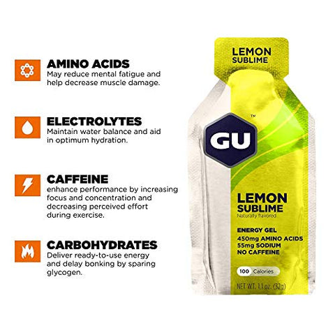GU ENERGY GEL - GU Energy Gel Original – Energia Vegana, Sem Glúten, Kosher e Sem Laticínios para Qualquer Treino – 24 Unidades, Sabor Limão Sublime