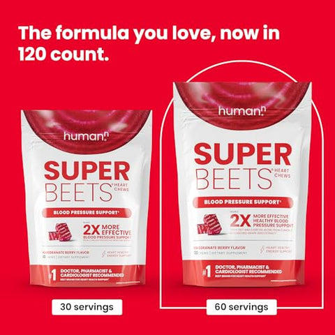 SuperBeets Heart Chews – Suporte para Pressão Arterial e Óxido Nítrico, Extrato de Semente de Uva – 60 g - humanN
