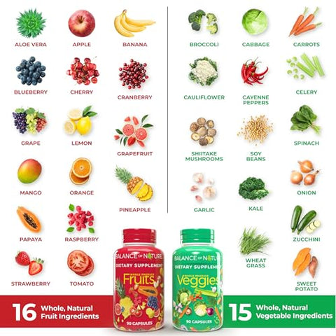 Fruits and Veggies – Suplemento Alimentar com Frutas e Vegetais Superfoods para Mulheres, Homens e Crianças – 90 Cápsulas de Frutas, 90 Cápsulas de Vegetais – 1 Conjunto - Balance of Nature