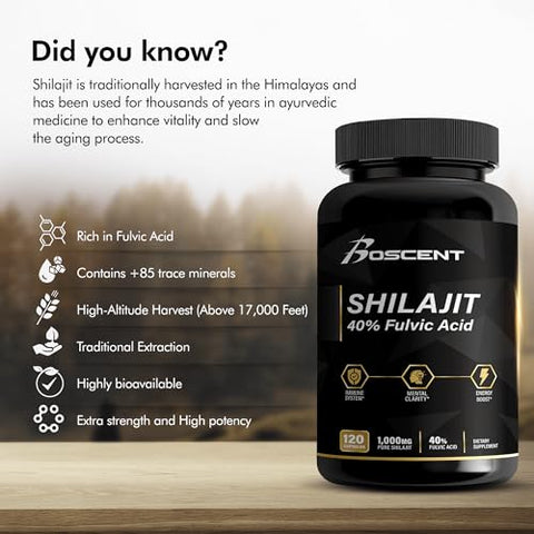 BOSCENT - Cápsulas de Shilajit Puro do Himalaia 1000mg com 40%% de Ácido Fúlvico, 58 Minerais Traços, Energia Aumentada e Suporte Imunológico para Homens