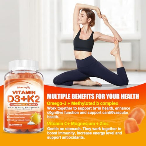 Maennyliy - Vitaminas D3 K2 Gummies para Adultos – D3 5000IU K2 (MK-7) 120mcg – Sem Açúcar – Suplementos D3 e K2 com Ômega-3, Metil B12, B9, B6, Vitamina E