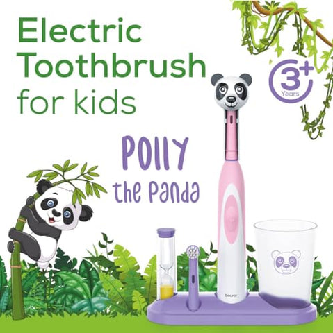 Kit Escova Elétrica Infantil Beurer TB10 – Boné Divertido Polly The Panda com 2 Cabeças de Escova Extra-Macias para Remover Placa, Temporizador de 2 Minutos e Copo de Enxágue, Livre de BPA, Seguro para Crianças a partir de 3 Anos