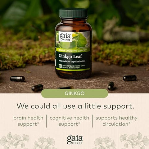 Ginkgo Leaf – Suplemento Herbal Orgânico para Circulação e Função Cerebral Saudáveis – 60 Cápsulas Líquidas Veganas de Fitoterapia (20 Dias de Fornecimento) - Gaia Herbs