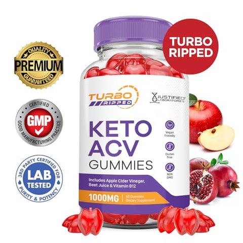 Justified Laboratories - (3 Pacotes) Gomas Turbo Ripped Keto ACV Fórmula Avançada 1000MG Gomas Turbo Ripped Keto Vinagre de Maçã Formulado com Suco de Romã em Pó Beterraba B12 Vegano Não GMO 180g