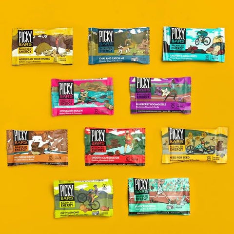 Pack com 10 Barras Energéticas de Alimentos Reais, Proteína Vegetal, 10 Sabores Diferentes, Natural, Sem Glúten, Não-OGM, Sem Laticínios, Caffeinator Suave, 10 Unidades - Picky Bars