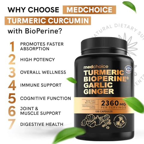 MEDCHOICE - Suplemento de Cúrcuma e Alho 4 em 1 com Bioperina 2360 mg (480 un) Cápsulas de Raiz de Gengibre com Alho – Cúrcuma Curcumina com Pimenta Preta para Articulações e Digestão