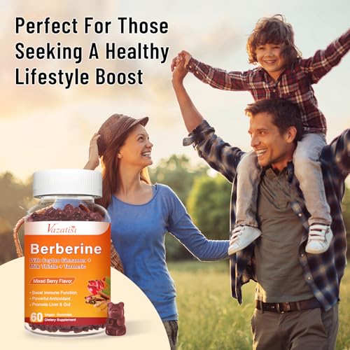 Vazatisi - Berberine Gummies 1500 mg – Canela Ceylon, Citrato de Magnésio, Cardo de Leite – Adultos e Crianças – Sabor de Frutas Vermelhas – 120 Cápsulas