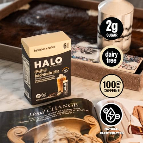 Iced Vanilla Latte – Pó Instantâneo Energético – Mistura Saudável de Café com Hidratação, Eletrólitos, Cafeína, Vitaminas e Minerais 20 Calorias Keto Baixa Caloria 1 x 12 - HALO Sport