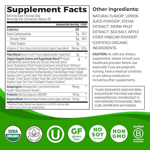 Pó de Suplemento de Fibra Orgânica para o Intestino Maravilhoso, 5 em 1 com 1 Bilhão de Probióticos, Verdes, Vitamina C, Adaptógenos para a Saúde Intestinal e Suporte Imunológico, Não-OGM, Morango - Orgain