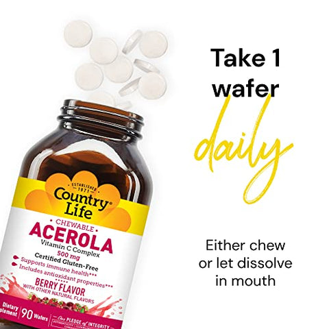 Acerola Complexo de Vitamina C, 500mg, Pastilhas Mastigáveis com Sabor de Frutas Vermelhas, Suporte à Saúde Imunológica, 90 Pastilhas, Certificado Livre de Glúten pela GFCO, Certificado Vegano pela AVA - Country Life