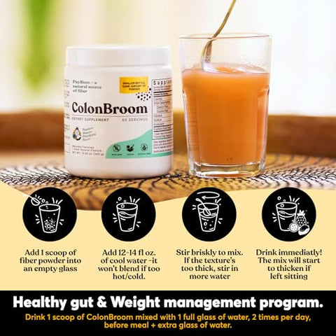 ColonBroom - Psyllium Husk Powder com Stevia (Frutas Tropicais) – Limpeza do Cólon para Alívio do Inchaço |