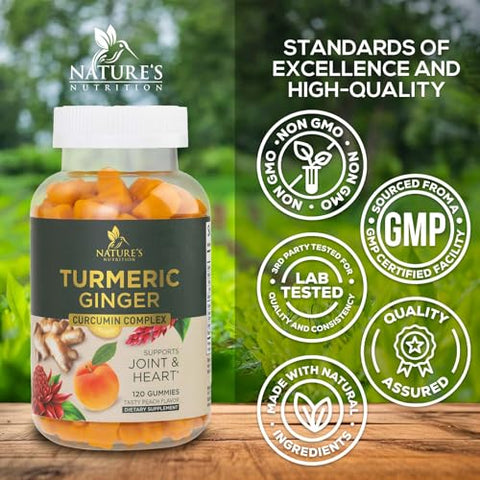Nature's Nutrition - Gomas de Cúrcuma Curcumina e Gengibre com Extrato de Pimenta Preta, Alta Absorção Potente 95%% Curcuminoides Suplemento de Cúrcuma Curcumina da Natureza, Comprimidos de Goma de Cúrcuma para Articulações