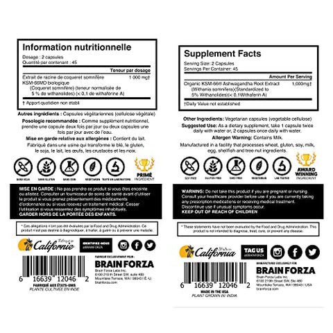 KSM-66 Ashwagandha: Extrato Puro de Raiz Orgânica, Potência de 1.000mg, 5%% Withanolides, Saúde Hormonal, Suporte Cognitivo, 90 Cápsulas - Brain Forza
