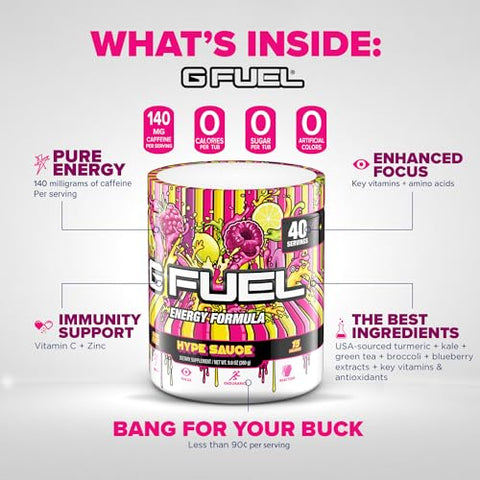 Hype Sauce em Pó Energético, Sem Açúcar, Suplemento de Foco com Cafeína Limpa, Mistura para Água, Sabor Limonada de Framboesa, Aminoácidos de Foco, Mistura de Vitaminas Antioxidantes, 280g (40 Porções) - G Fuel