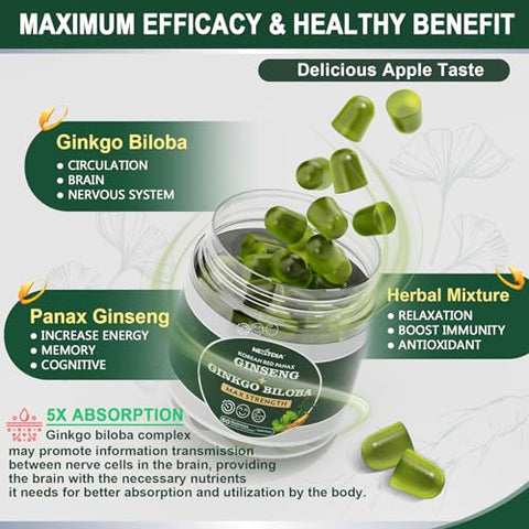 Nextdia - Gummies Ginkgo Biloba Sem Açúcar 500mg, Circulação Saudável, Com Ginseng Panax, Vitamina B12, Rhodiola Rosea, Bacopa Monnieri – Máximo de Resultados