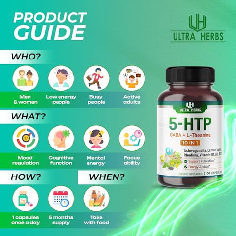 ULTRA HERBS - Suplemento 5-HTP Enriquecido com Ashwagandha, L-Theanine, GABA, Rhodiola | Complexo 10 em 1 de Suporte Ultra para Equilíbrio de Humor, Relaxamento | Marca: [Nome da Marca]