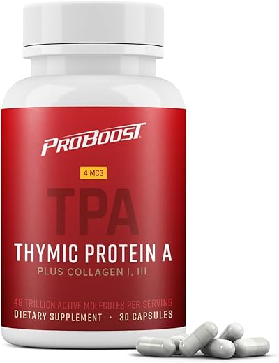 ProBoost - 4 Cápsulas de Proteína A (TPA) Thymic McG com Peptídeos de Colágeno – Natural, Regulação Imunológica e Saúde das Articulações – 30 Cápsulas, 4 McG TPA/Porção