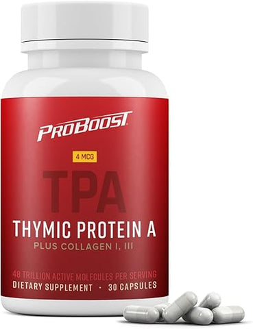 ProBoost - 4 Cápsulas de Proteína A (TPA) Thymic McG com Peptídeos de Colágeno – Natural, Regulação Imunológica e Saúde das Articulações – 30 Cápsulas, 4 McG TPA/Porção