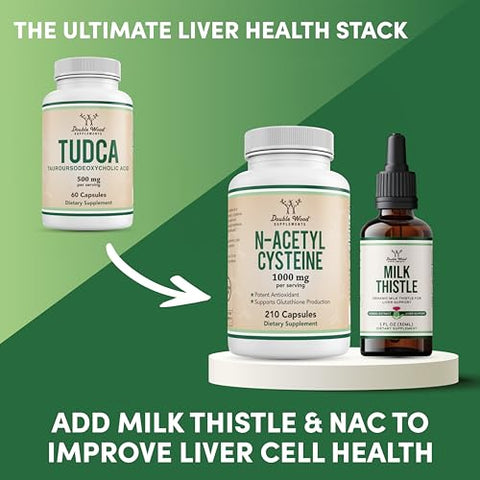 Double Wood Supplements - Suplemento de Suporte Hepático TUDCA Bile Salts, 500mg por Porção, Limpeza do Fígado e Vesícula Biliar (60 Cápsulas, 250mg) Ácido Biliar TUDCA Genuíno com Sabor Amargo Forte por