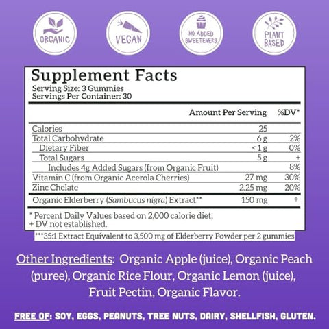 Gomas de Sabugueiro Sambucus de Frutas Reais para Adultos | Sem Açúcar Adicionado, Vegano, Orgânico | Suporte Imunológico com Zinco - Llama Naturals