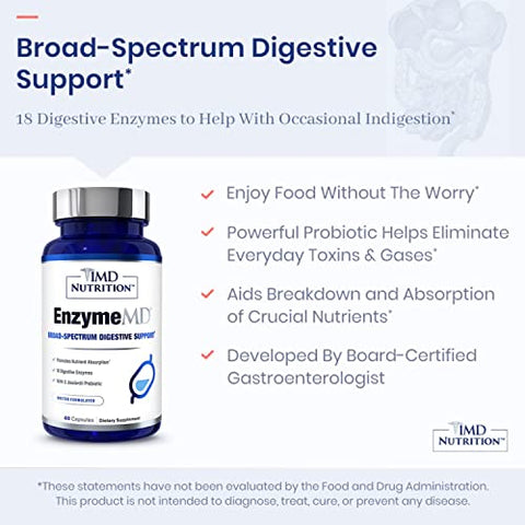 EnzymeMD – Suplemento de Enzimas Digestivas – Fórmula Médica | 18 Enzimas à Base de Plantas – Combate Gases - 1MD Nutrition