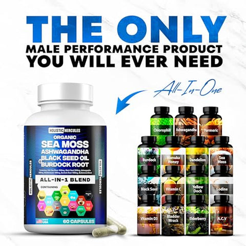Holistic Hercules - Blend: Sea Moss 9000mg, Black Seed Oil 6000mg, Ashwagandha 3000mg, Burdock 2000mg – Potência Natural para Saúde e Bem-Estar
