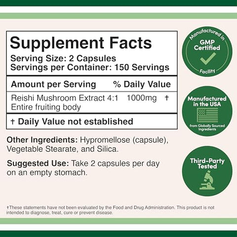 Double Wood Supplements - Cápsulas de Cogumelo Reishi (Extrato de Ganoderma 4:1, 1.000mg de Pó de Reishi Vermelho) 300 Unidades, Suprimento de 5 Meses, Suplemento Potente de Cogumelo para Suporte e Defesa do Sistema Imunológico