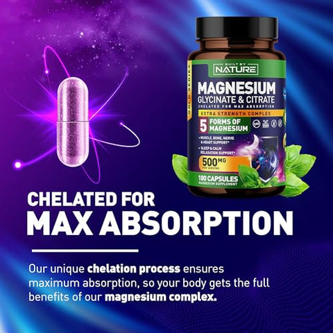 Built by Nature - Complexo de Magnésio 500mg – 5 Formas de Magnésio Glicinato, Citrato, Malato, Óxido