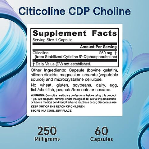 Cápsulas de CDP Colina, Suplemento Alimentar de 250 Mg para Memória e Saúde Cerebral, 60 Cápsulas Vegetarianas, Fornecimento de 60 Dias - Jarrow Formulas