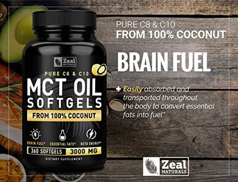Zeal Naturals - Óleo de MCT Puro em Cápsulas (360 Softgels | 3000mg) Suprimento de 4 Meses – Keto Pills com Coco Não Refinado – C10