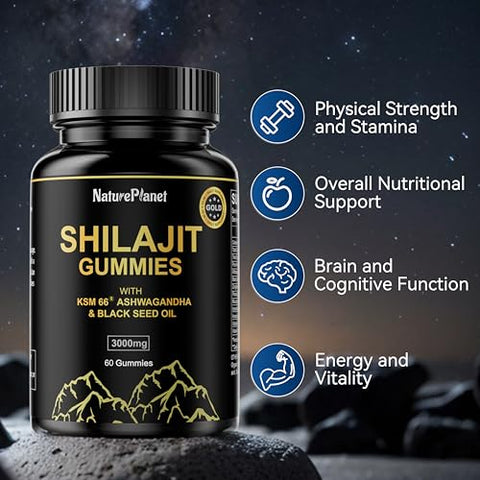 NaturePlanet - 3000 MG Gomas de Shilajit, Extrato Puro de Shilajit Himalaia Orgânico com 85 Minerais Traços para Energia