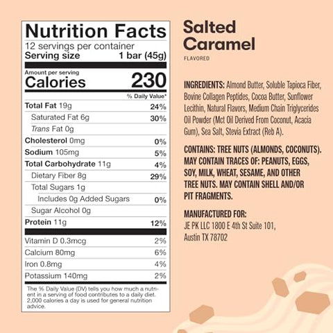 Barra de Proteína de Colágeno Perfect Keto, Sem Glúten com Colágeno de Pasto e Óleo MCT, Baixo Carboidrato, Sem Adição de Açúcar, Lanches de Alta Proteína, Alimentos para Dieta Keto, 10g de Proteína, 19g de Gordura, 2g de Carboidratos Líquidos