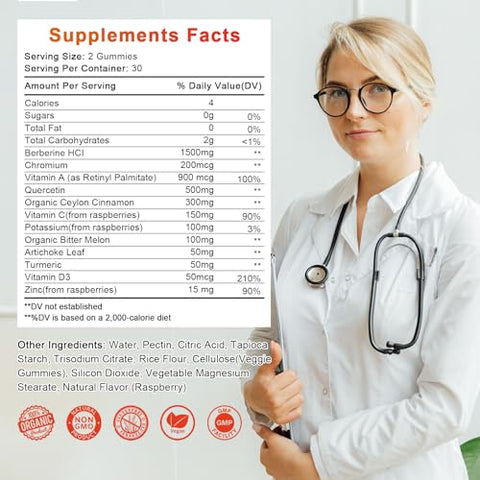 Alliwise - Gomas de Berberina sem Açúcar, 1500mg de Berberina HCL Original com Canela do Ceilão, Quercetina, Multivitamina, Suporte Imunológico