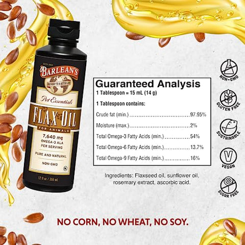 Barlean's - Barlean’s Óleo de Linhaça para Animais, Ômega 3 Líquido Essencial para Pele e Pelagem, Óleo para Cães e Gatos, Pets, 12 oz (355 ml)