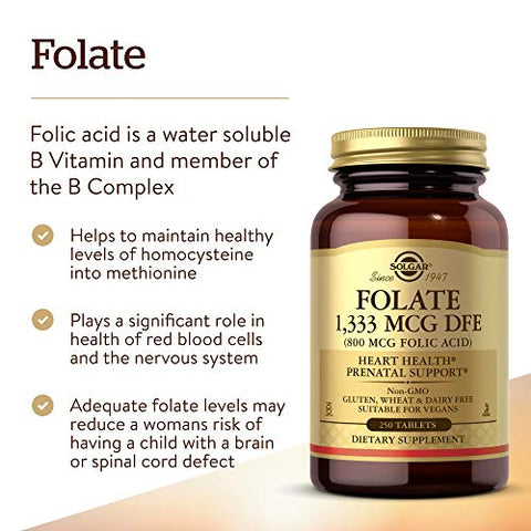 SOLGAR - Solgar Folate 1.333 MCG – 250 Comprimidos – Saúde do Coração, Sistema Nervoso Saudável, Suporte Pré-Natal – Não-OGM, Vegano, Sem Glúten, Sem Laticínios
