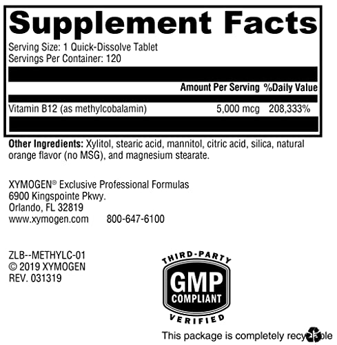 Methylcobalamin 5,000 mcg – Vitamina B12 em Comprimidos Pequenos e Saborosos – Suporta Metilação Saudável, Saúde Neurológica e um Sistema Imunológico Forte (120…) - XYMOGEN
