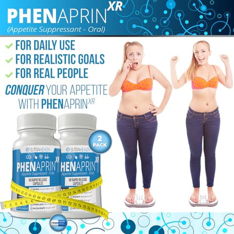 SutraHealth - PhenAprin XR – Supressor de Apetite de Força Máxima em Cápsulas – 2-Pack, Acelerador de Metabolismo, Perda de Peso para Mulheres e Homens, 120 Cápsulas Azuis e Brancas