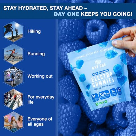 Day One - Electrogummies Blue Raspberry – Gomas Eletrolíticas com 385mg de 5 Eletrólitos Essenciais – Alternativa de Hidratação a Pós, Comprimidos, Gomas – Para Corredores, Esportes de Resistência