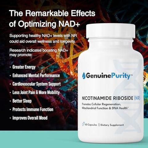GenuinePurity - Liposomal NR 300mg – Suplemento de Nicotinamida Ribosídeo Avançado para Energia Celular e Função Mitocondrial – Livre de Glúten, Vegano – Fabricado nos EUA – Não-OGM – 60 Cápsulas