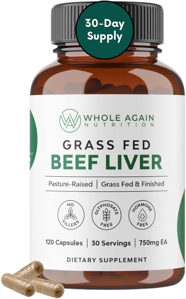 Whole Again Nutrition - Cápsulas de Fígado de Gado Criado a Pasto – 100% Natural – Sem Aditivos ou Agentes Químicos – 120 Unidades de 3.000mg – Suprimento de 30 Dias – Rico em Ferro e Energia – Fígado Desidratado de Gado Criado a Pasto