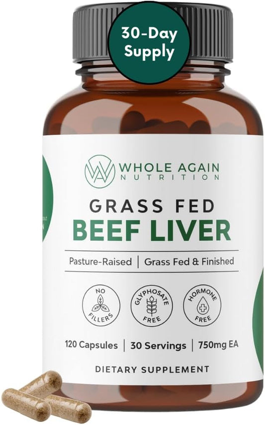 Whole Again Nutrition - Cápsulas de Fígado de Gado Criado a Pasto – 100% Natural – Sem Aditivos ou Agentes Químicos – 120 Unidades de 3.000mg – Suprimento de 30 Dias – Rico em Ferro e Energia – Fígado Desidratado de Gado Criado a Pasto