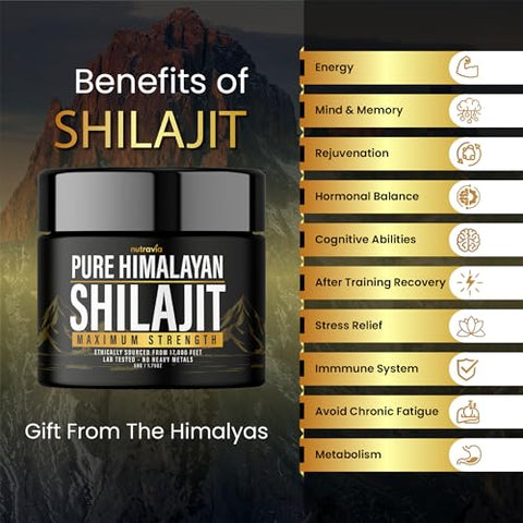 Nutravia - Shilajit Puro Himalaia Orgânico – Fórmula Natural Autêntica Testada em Laboratório para Homens e Mulheres – Sem Metais Pesados – Força Máxima de 600mg com 85 Minerais Traços – Grau Dourado Shilajit